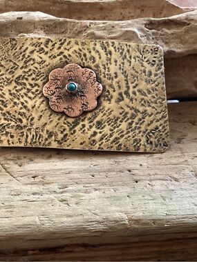 Hammered Brass and Copper Belt Buckle with Flower and Turquoise Accent -